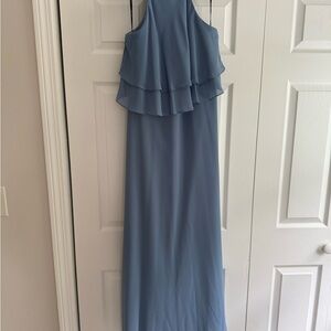 Bill Levkoff Blue Ruffled Tiered Halter Gown